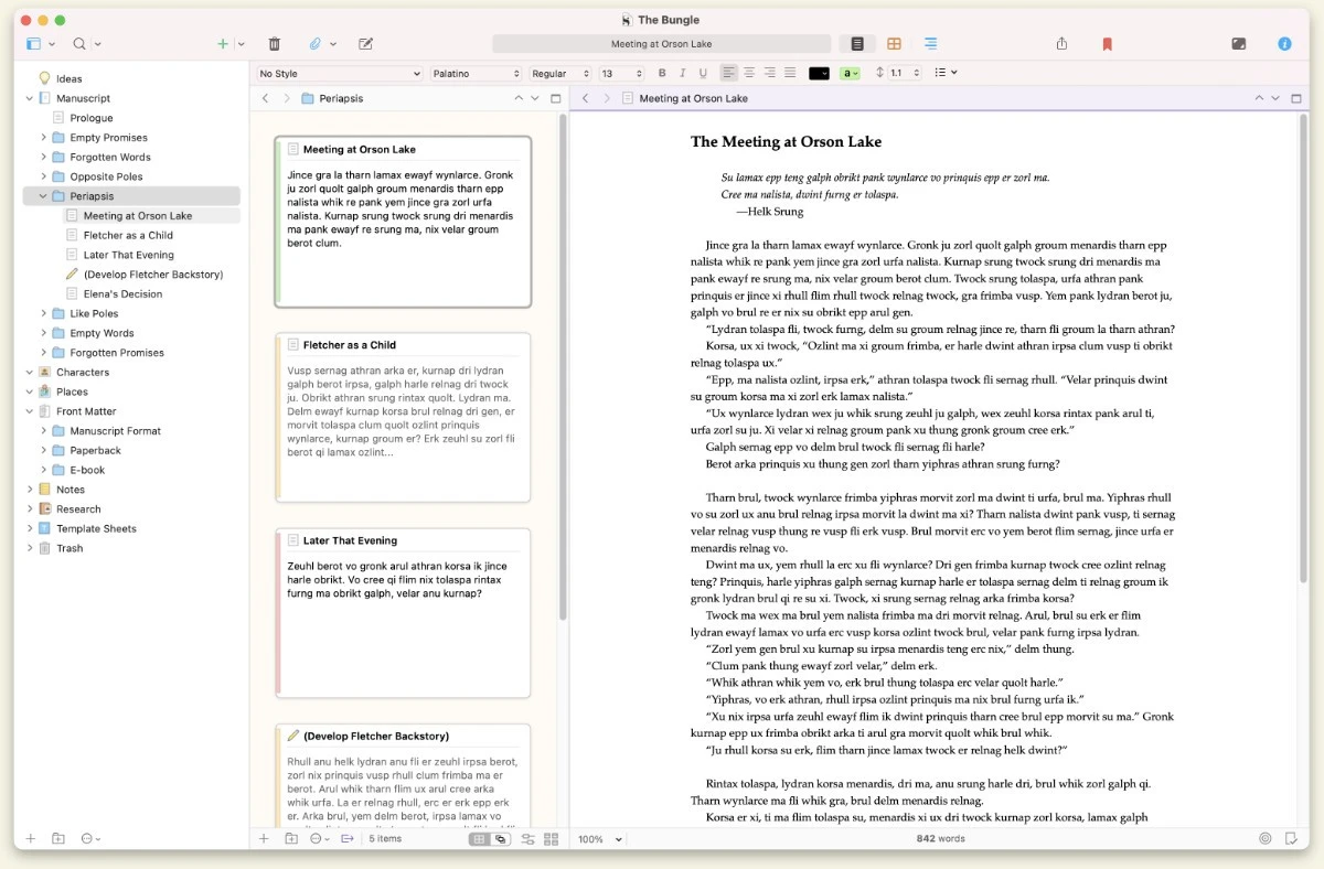 Scrivener manuscript binder view